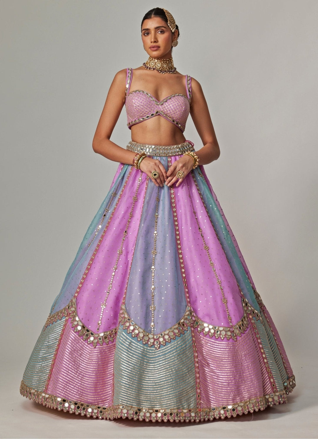 Lilac Multicolour Sequins Embroidered Organza Lehenga Set Vvani by Vani Vats - Fabilicious Fashion