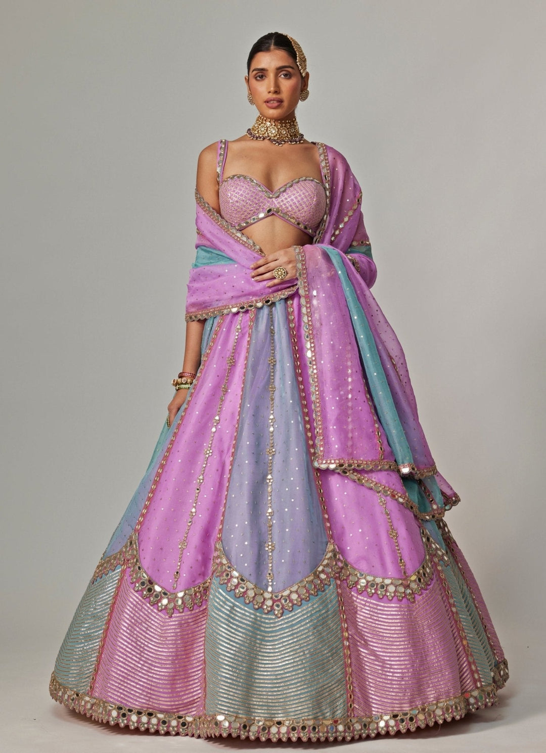 Lilac Multicolour Sequins Embroidered Organza Lehenga Set Vvani by Vani Vats - Fabilicious Fashion