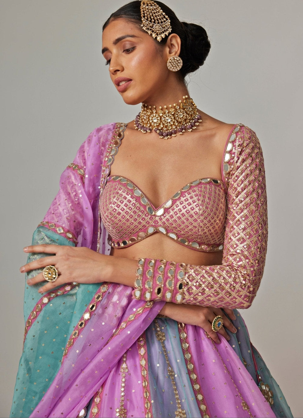 Lilac Multicolour Sequins Embroidered Organza Lehenga Set Vvani by Vani Vats - Fabilicious Fashion