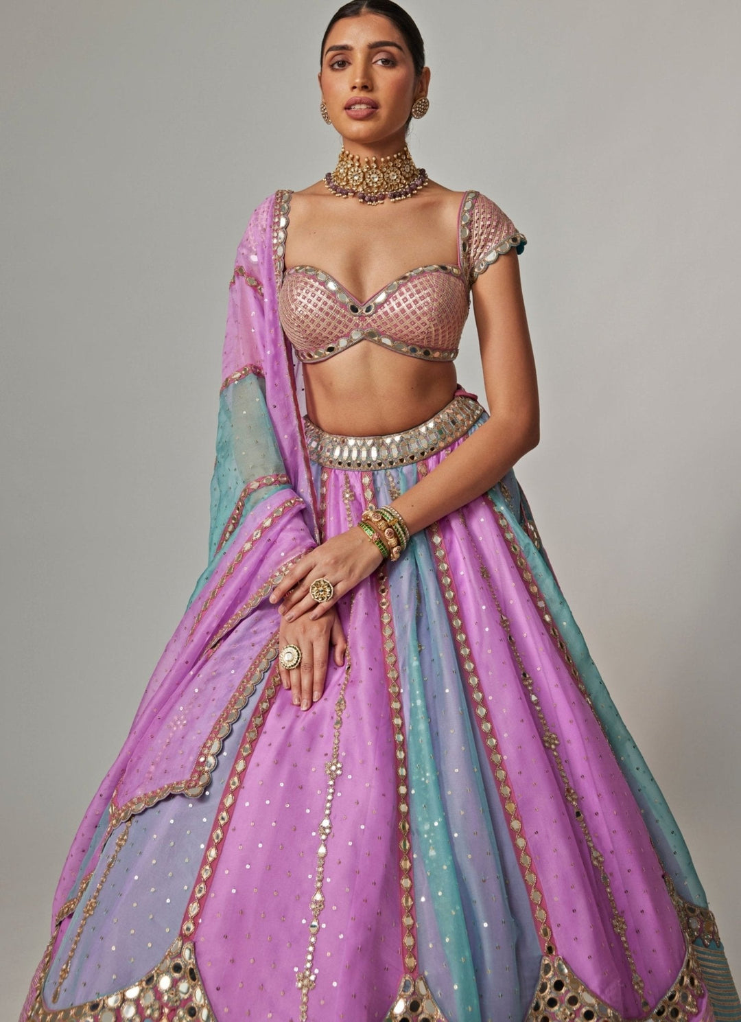 Lilac Multicolour Sequins Embroidered Organza Lehenga Set Vvani by Vani Vats - Fabilicious Fashion