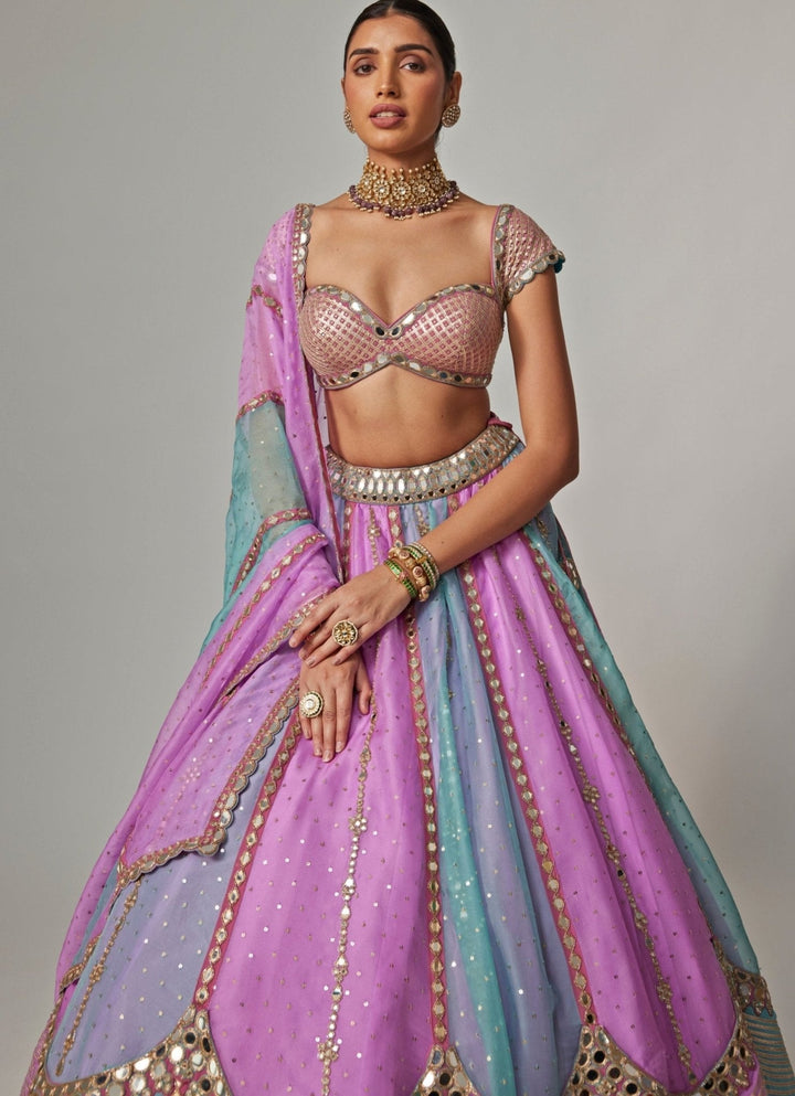 Lilac Multicolour Sequins Embroidered Organza Lehenga Set Vvani by Vani Vats - Fabilicious Fashion