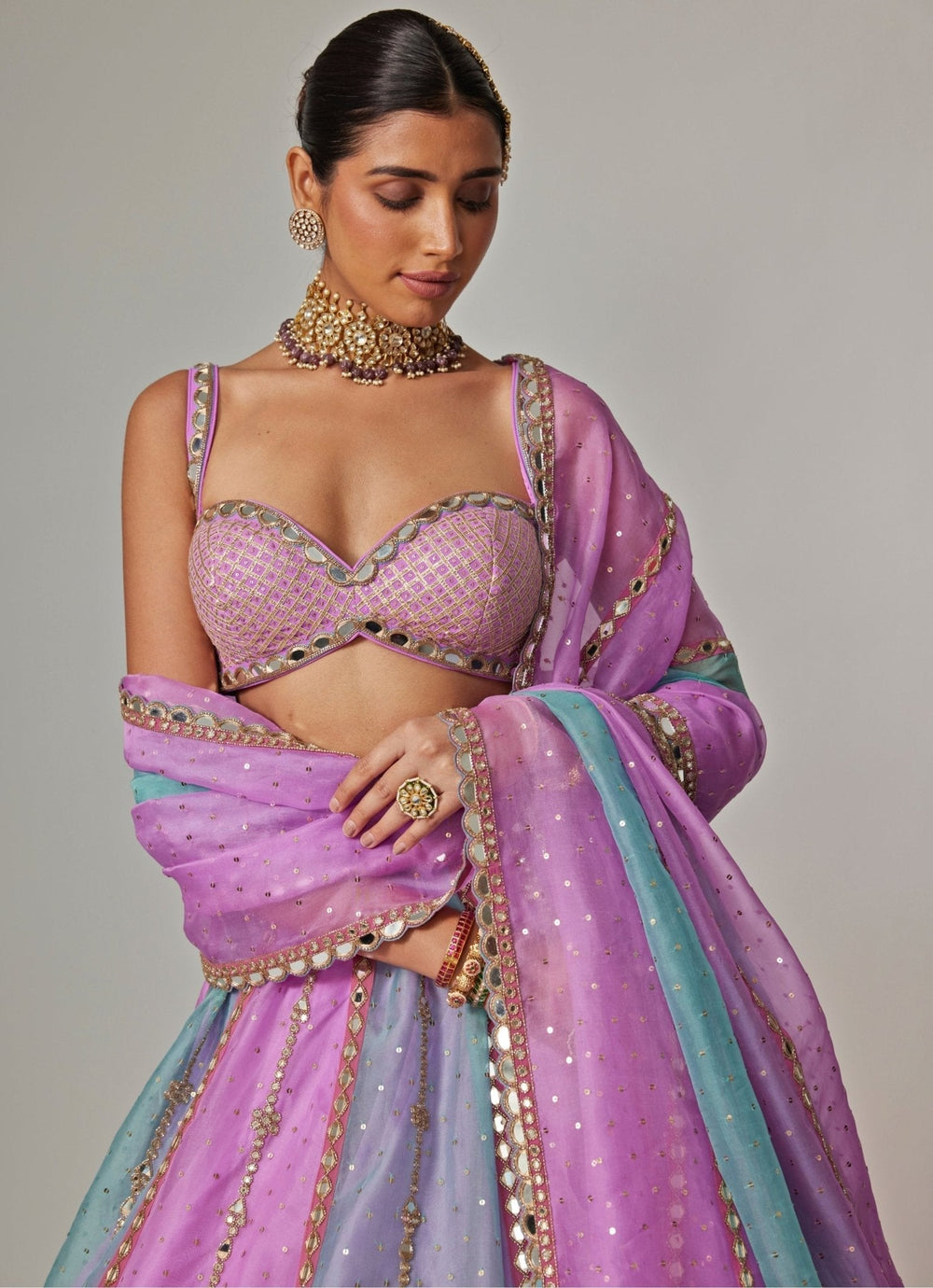 Lilac Multicolour Sequins Embroidered Organza Lehenga Set Vvani by Vani Vats - Fabilicious Fashion