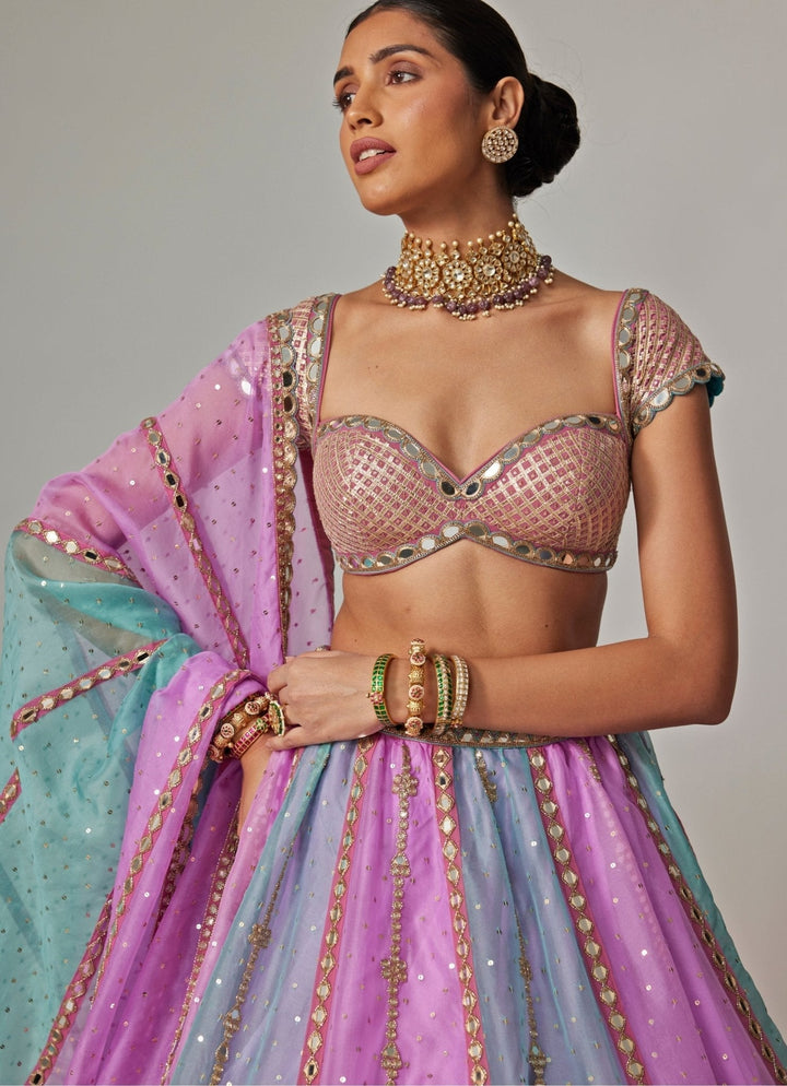 Lilac Multicolour Sequins Embroidered Organza Lehenga Set Vvani by Vani Vats - Fabilicious Fashion