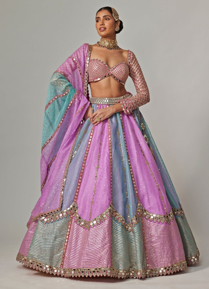 Lilac Multicolour Sequins Embroidered Organza Lehenga Set Vvani by Vani Vats - Fabilicious Fashion