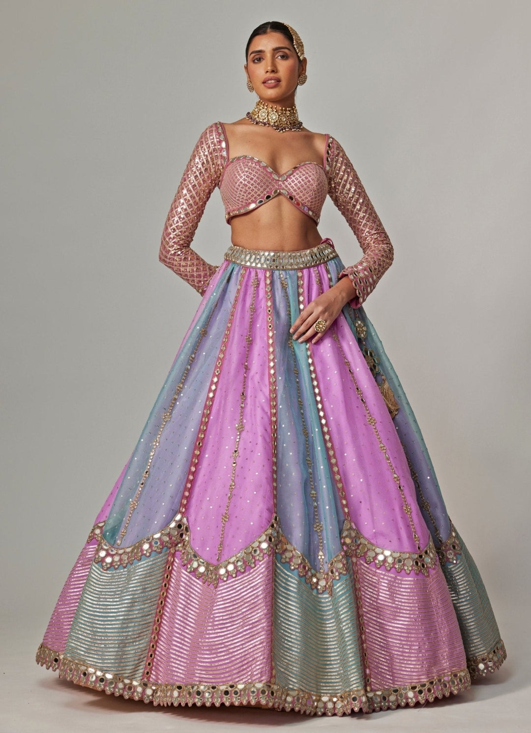 Lilac Multicolour Sequins Embroidered Organza Lehenga Set Vvani by Vani Vats - Fabilicious Fashion