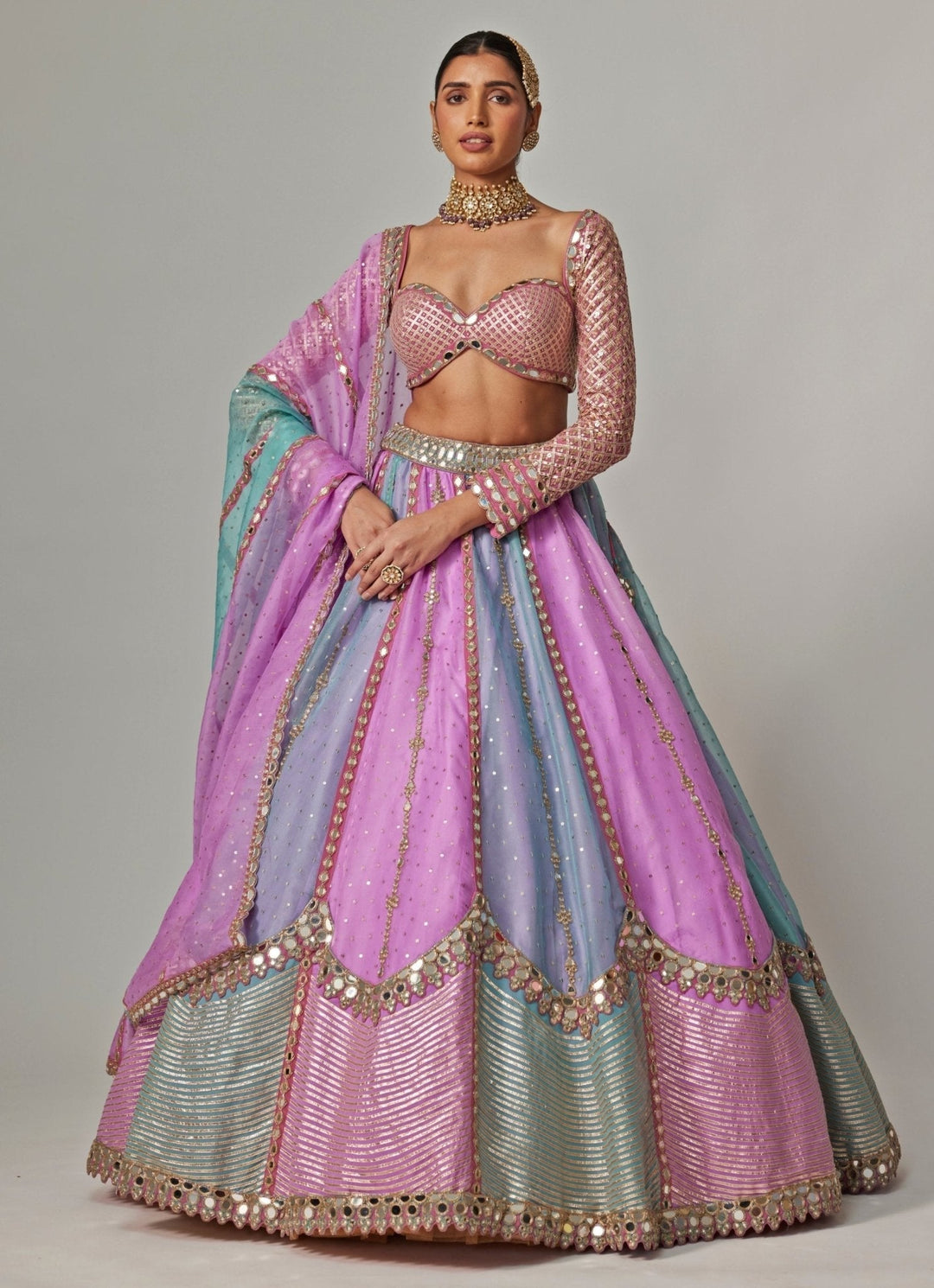 Lilac Multicolour Sequins Embroidered Organza Lehenga Set Vvani by Vani Vats - Fabilicious Fashion