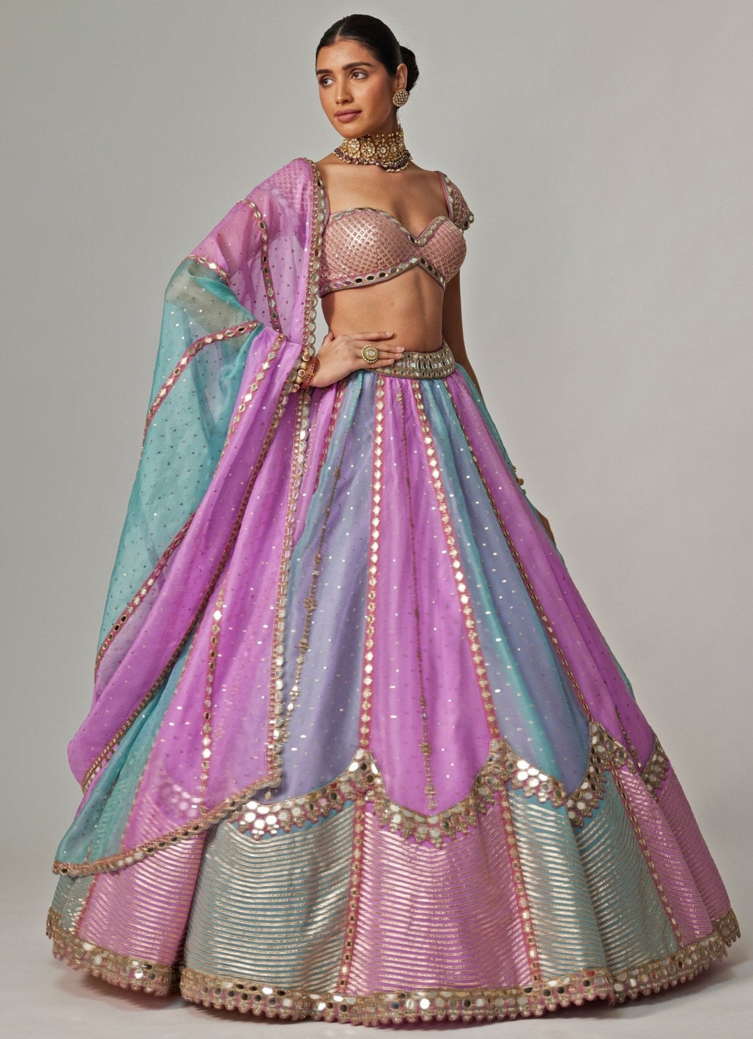 Lilac Multicolour Sequins Embroidered Organza Lehenga Set Vvani by Vani Vats - Fabilicious Fashion