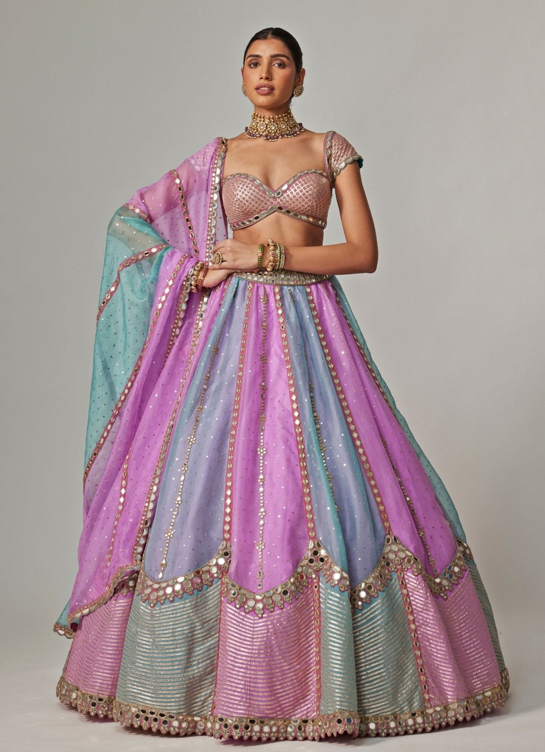 Lilac Multicolour Sequins Embroidered Organza Lehenga Set Vvani by Vani Vats - Fabilicious Fashion