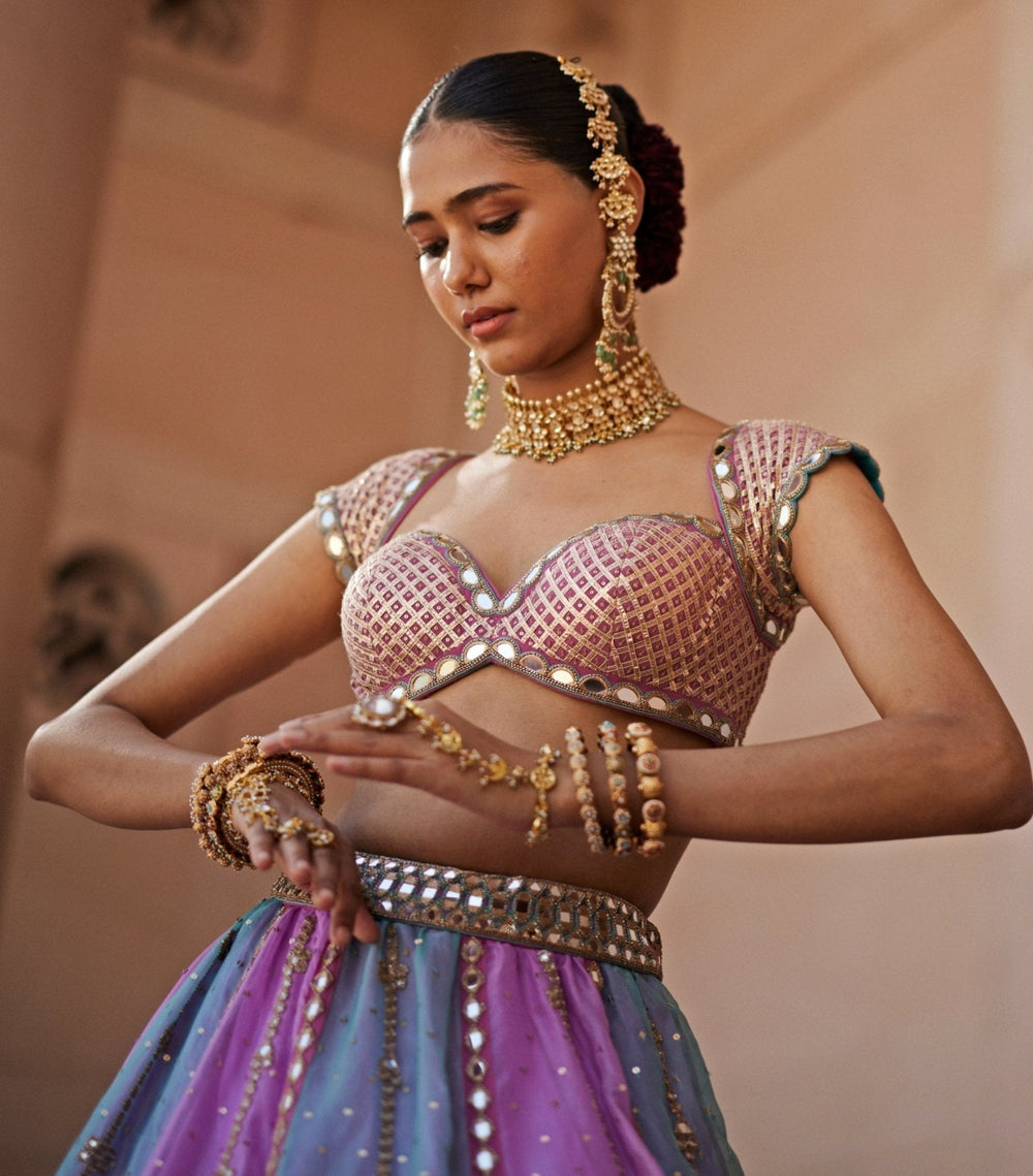 Lilac Multicolour Sequins Embroidered Organza Lehenga Set Vvani by Vani Vats - Fabilicious Fashion
