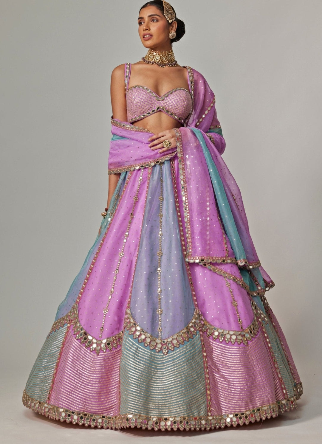 Lilac Multicolour Sequins Embroidered Organza Lehenga Set Vvani by Vani Vats - Fabilicious Fashion