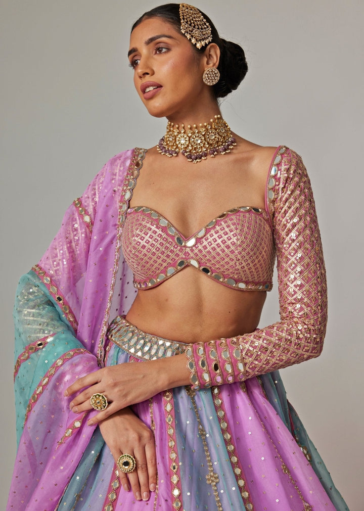 Lilac Multicolour Sequins Embroidered Organza Lehenga Set Vvani by Vani Vats - Fabilicious Fashion