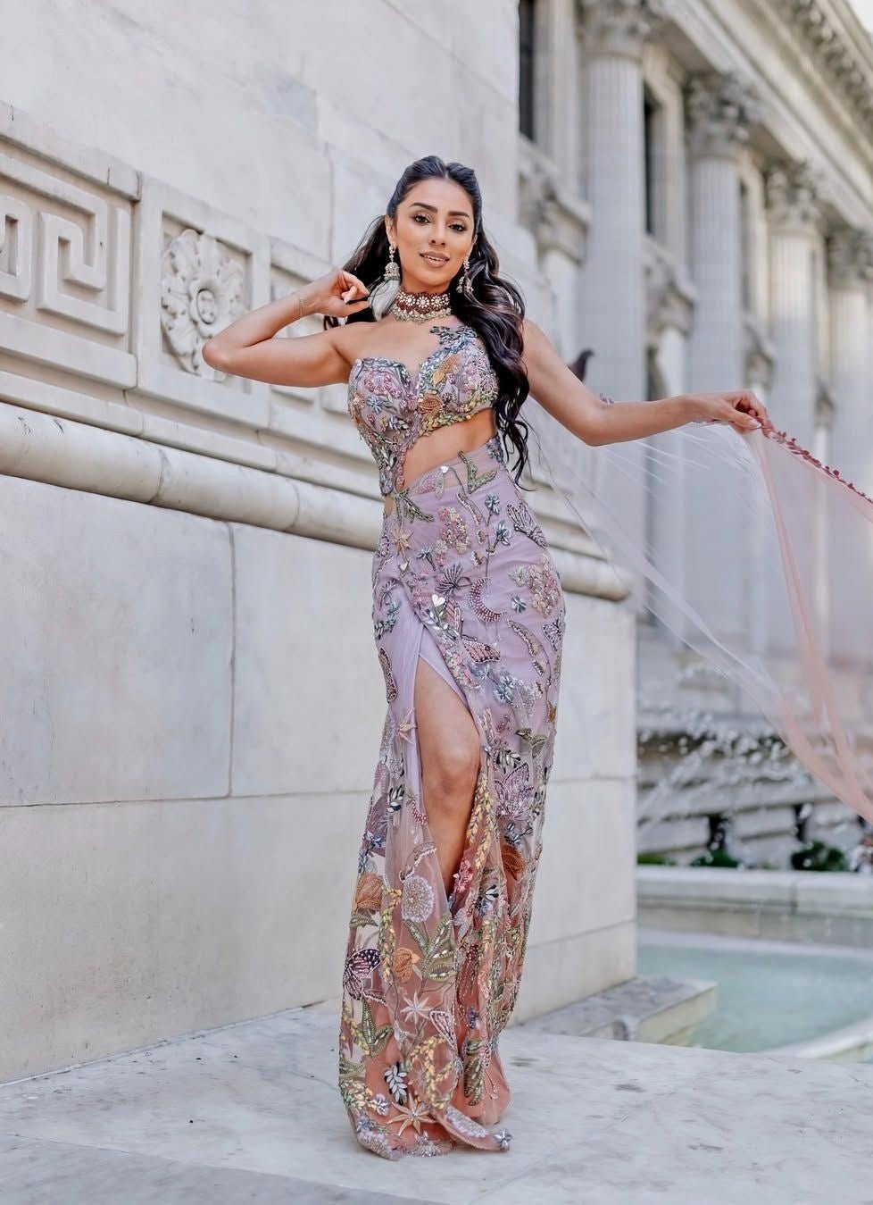 Lilac Ombre Shimmer Net Embroidered Predraped Saree Set Moledro - Fabilicious Fashion
