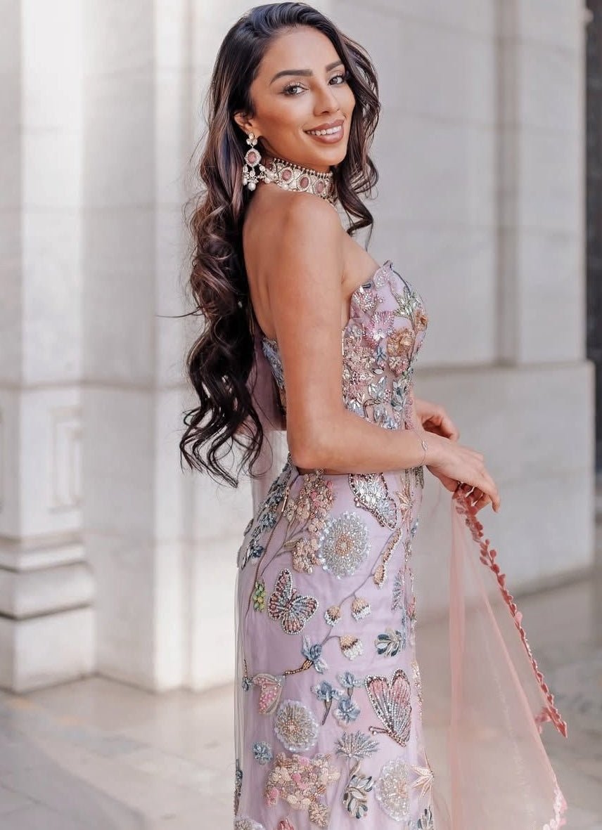 Lilac Ombre Shimmer Net Embroidered Predraped Saree Set Moledro - Fabilicious Fashion