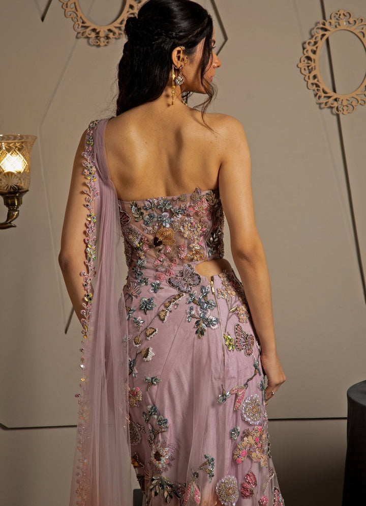 Lilac Ombre Shimmer Net Embroidered Predraped Saree Set Moledro - Fabilicious Fashion