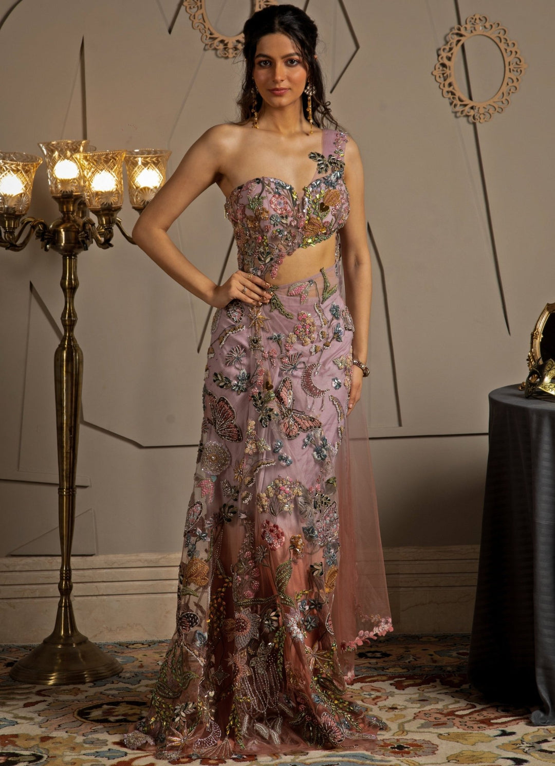 Lilac Ombre Shimmer Net Embroidered Predraped Saree Set Moledro - Fabilicious Fashion