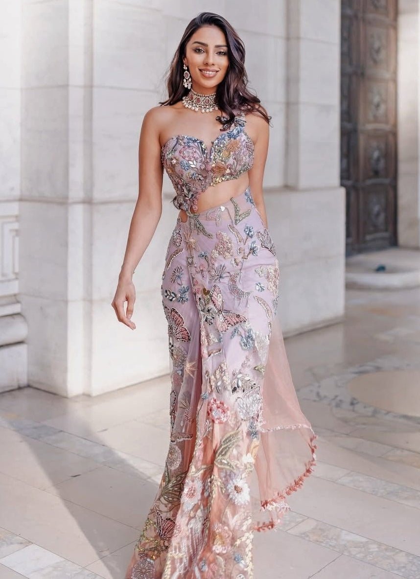 Lilac ombre shimmer net embroidered pre-draped saree — modern saree by Moledro