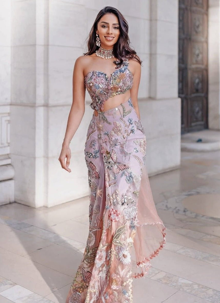 Lilac Ombre Shimmer Net Embroidered Predraped Saree Set Moledro - Fabilicious Fashion