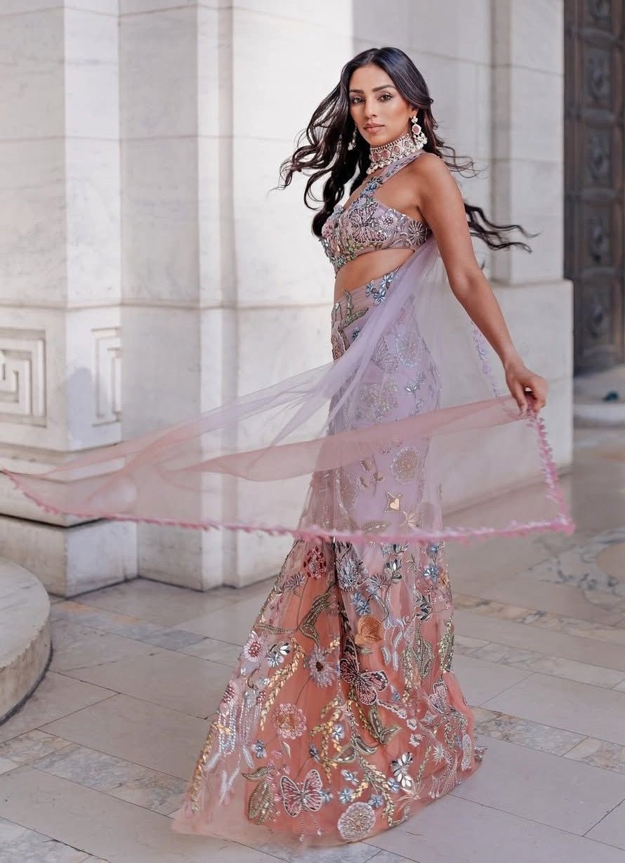 Lilac Ombre Shimmer Net Embroidered Predraped Saree Set Moledro - Fabilicious Fashion