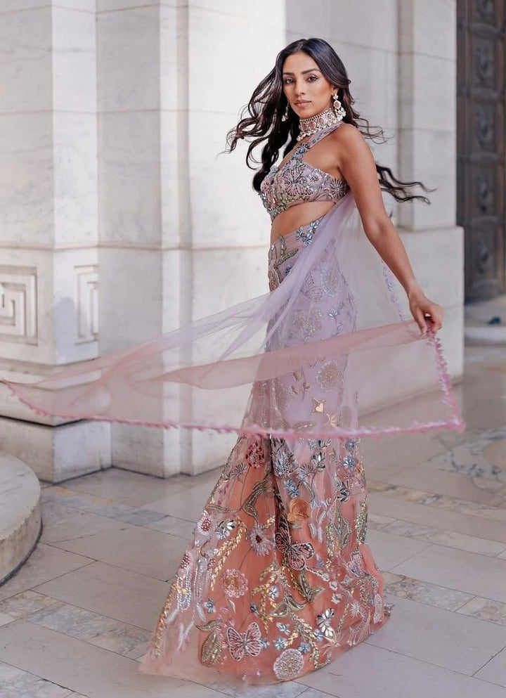 Lilac Ombre Shimmer Net Embroidered Predraped Saree Set Moledro - Fabilicious Fashion