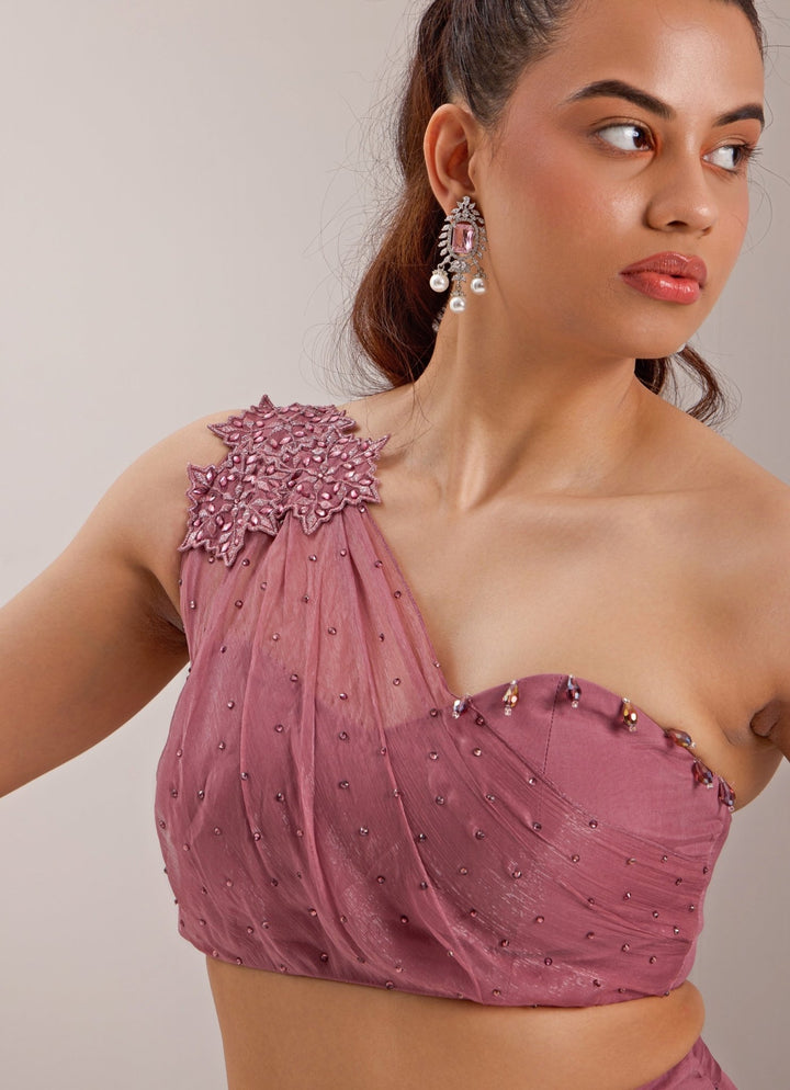 Lilac One Shoulder Draped Blouse With Pant Silky Bindra - Fabilicious Fashion
