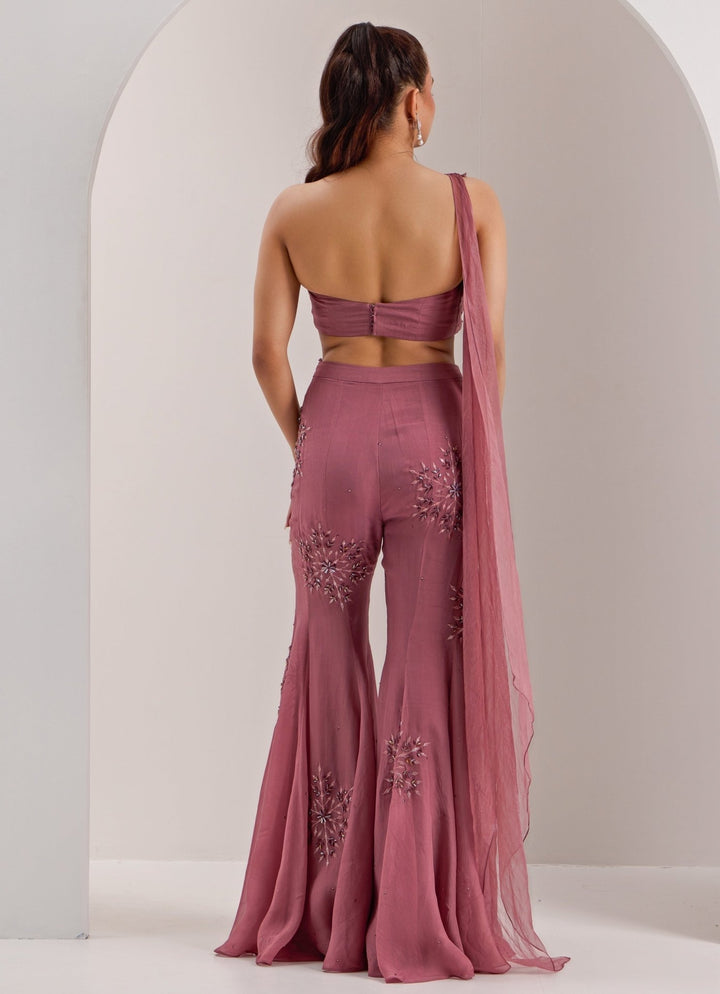 Lilac One Shoulder Draped Blouse With Pant Silky Bindra - Fabilicious Fashion