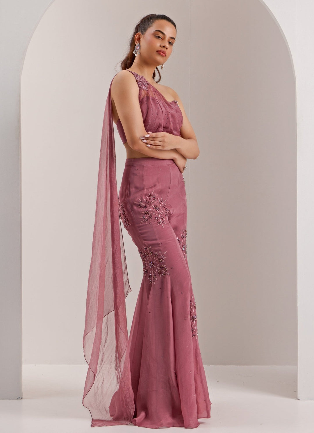 Lilac One Shoulder Draped Blouse With Pant Silky Bindra - Fabilicious Fashion