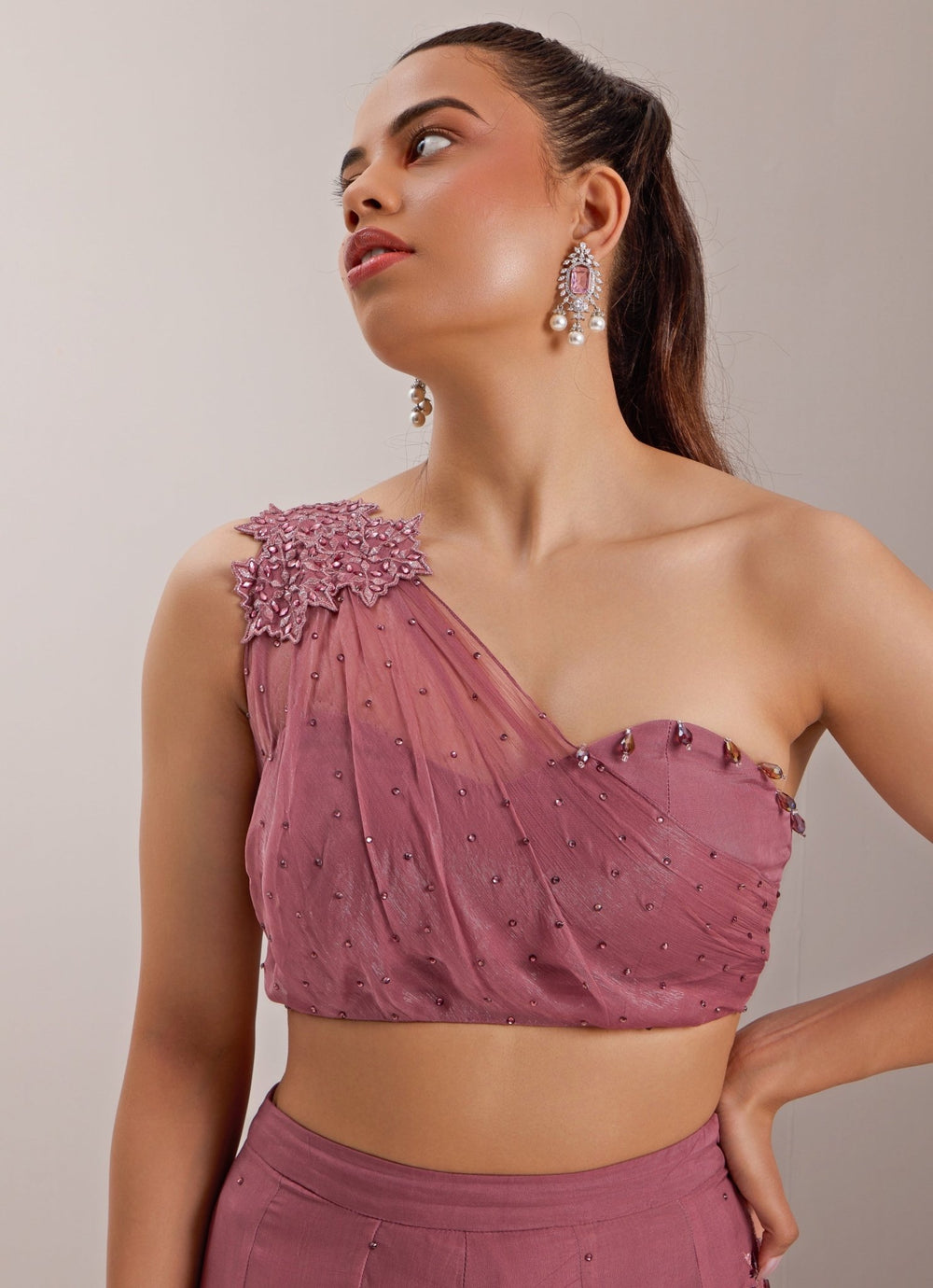 Lilac One Shoulder Draped Blouse With Pant Silky Bindra - Fabilicious Fashion