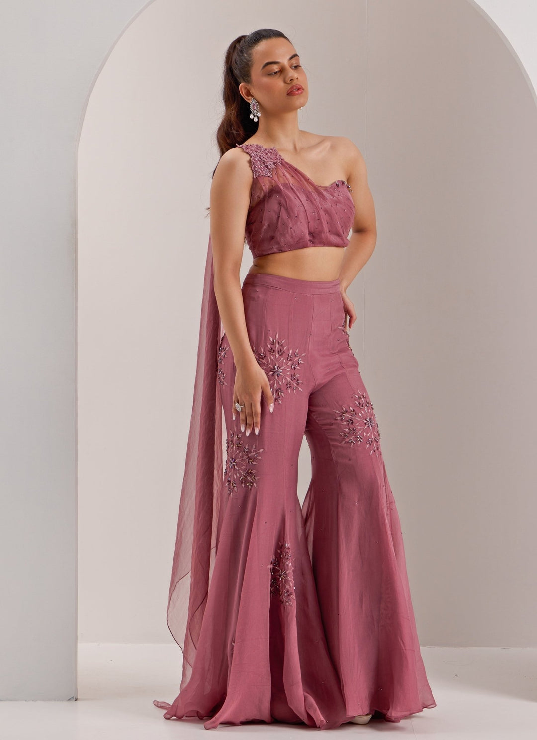 Lilac One Shoulder Draped Blouse With Pant Silky Bindra - Fabilicious Fashion