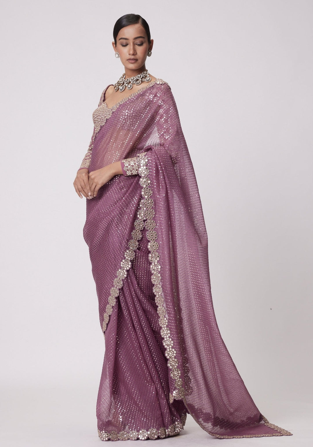 Lilac Organza Saree With Embroidered Full Sleeves Blouse Vvani by Vani Vats - Fabilicious Fashion