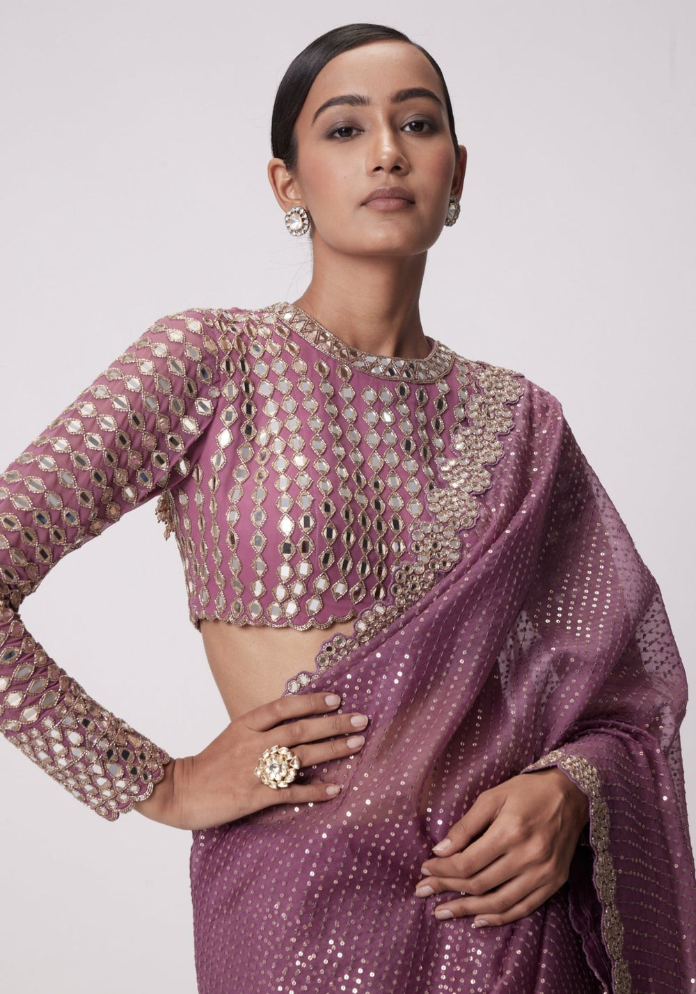 Lilac Organza Saree With Embroidered Full Sleeves Blouse Vvani by Vani Vats - Fabilicious Fashion