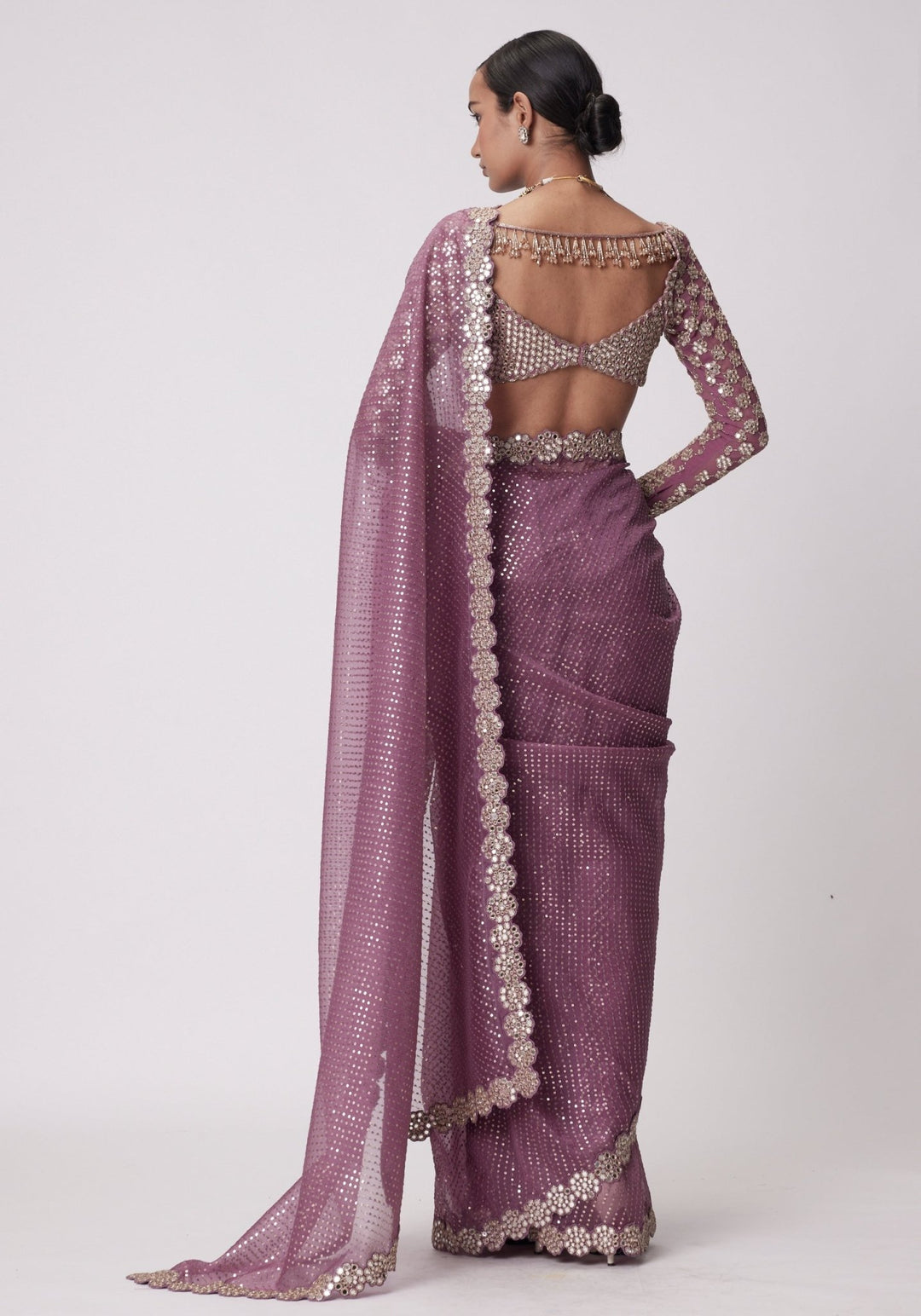 Lilac Organza Saree With Embroidered Full Sleeves Blouse Vvani by Vani Vats - Fabilicious Fashion