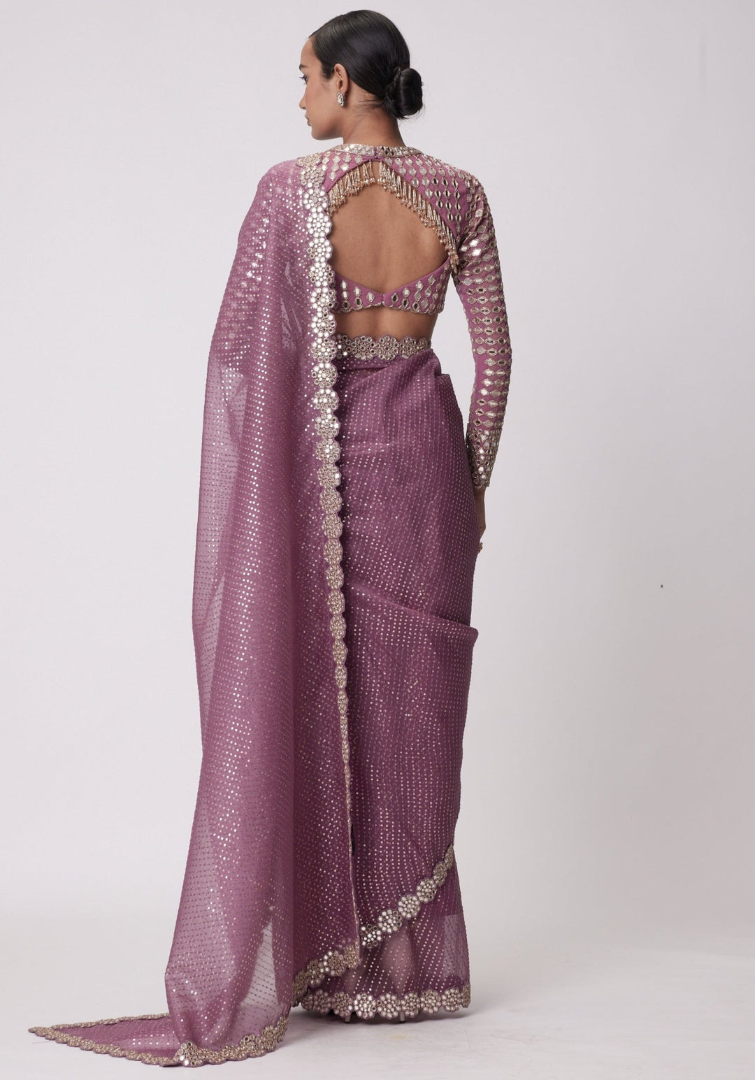 Lilac Organza Saree With Embroidered Full Sleeves Blouse Vvani by Vani Vats - Fabilicious Fashion