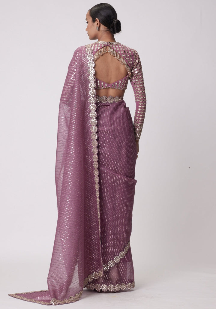 Lilac Organza Saree With Embroidered Full Sleeves Blouse Vvani by Vani Vats - Fabilicious Fashion