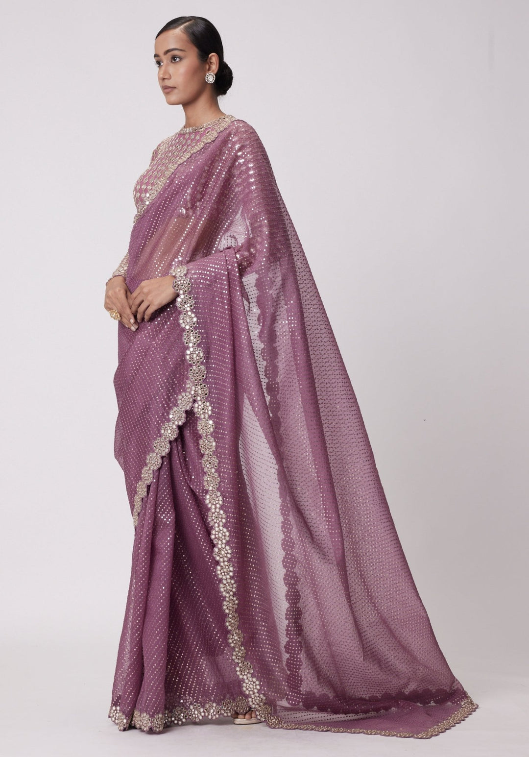 Lilac Organza Saree With Embroidered Full Sleeves Blouse Vvani by Vani Vats - Fabilicious Fashion