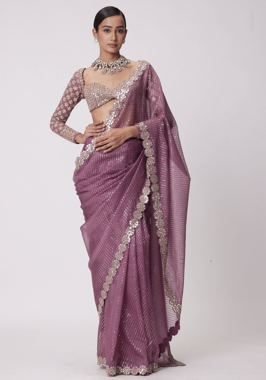 Lilac Organza Saree With Embroidered Full Sleeves Blouse Vvani by Vani Vats - Fabilicious Fashion