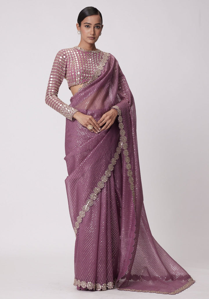 Lilac Organza Saree With Embroidered Full Sleeves Blouse Vvani by Vani Vats - Fabilicious Fashion