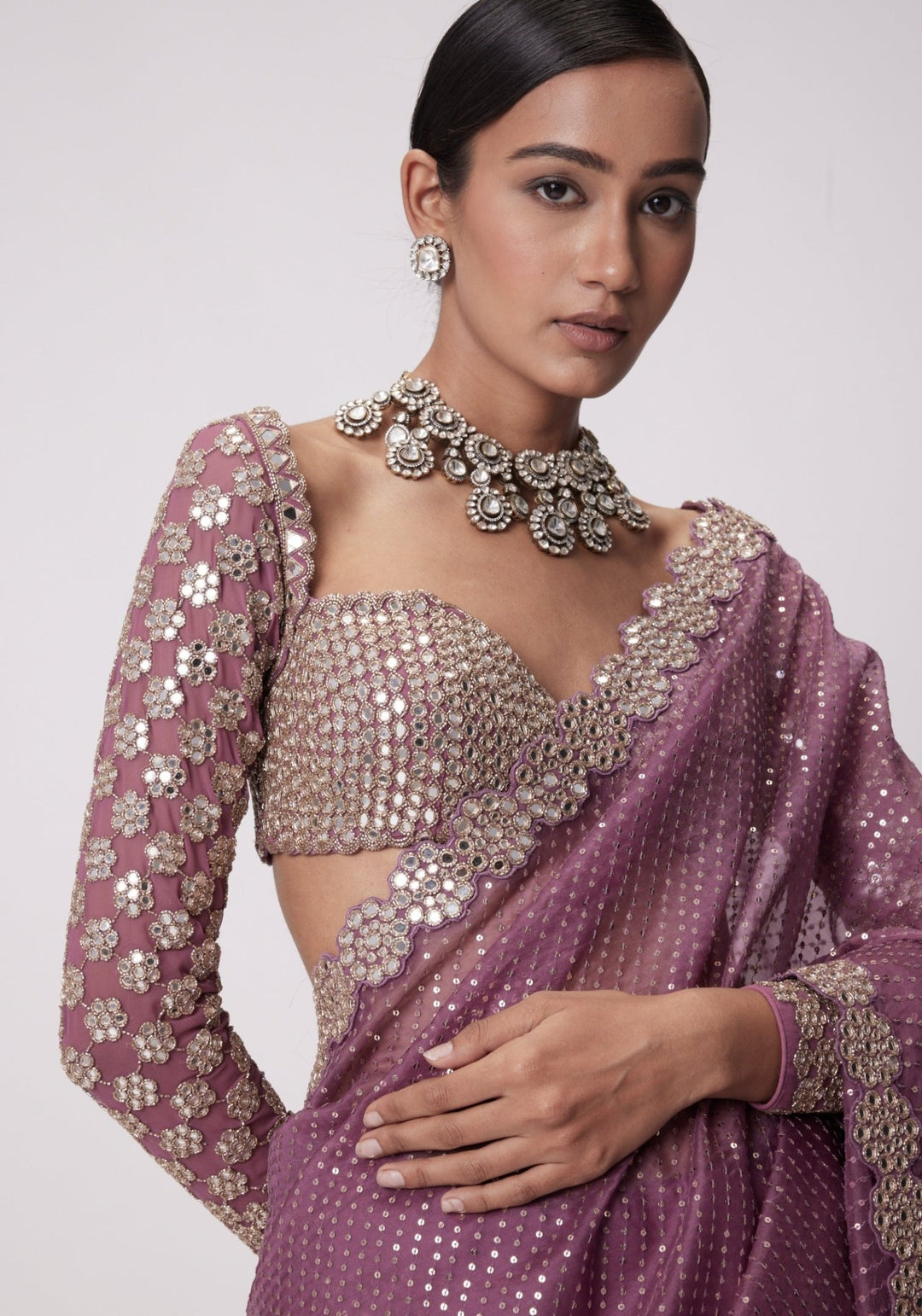 Lilac Organza Saree With Embroidered Full Sleeves Blouse Vvani by Vani Vats - Fabilicious Fashion