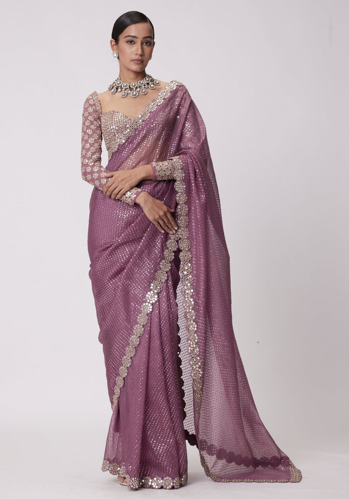 Lilac Organza Saree With Embroidered Full Sleeves Blouse Vvani by Vani Vats - Fabilicious Fashion