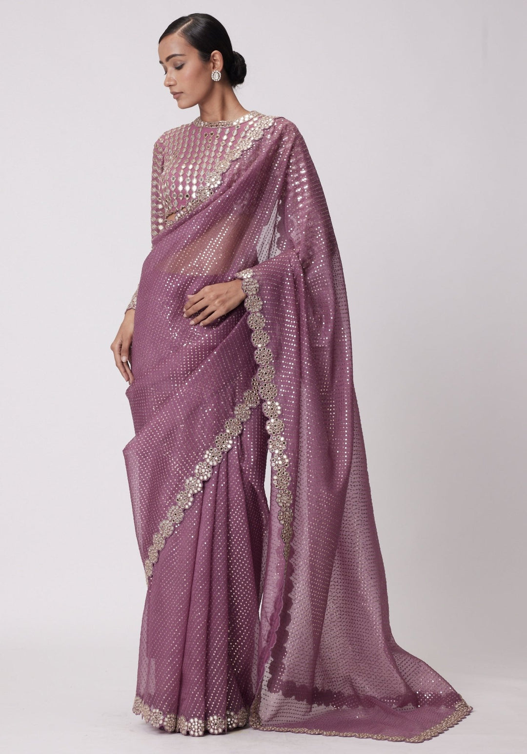 Lilac Organza Saree With Embroidered Full Sleeves Blouse Vvani by Vani Vats - Fabilicious Fashion