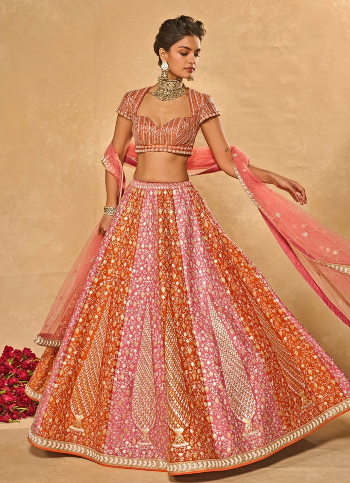 Lilac Pink And Orange Raw Silk Lehenga Chamee &amp; Palak - Fabilicious Fashion