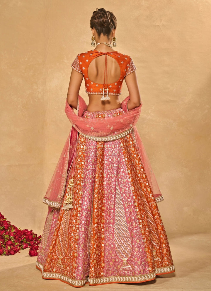 Lilac Pink And Orange Raw Silk Lehenga Chamee &amp; Palak - Fabilicious Fashion