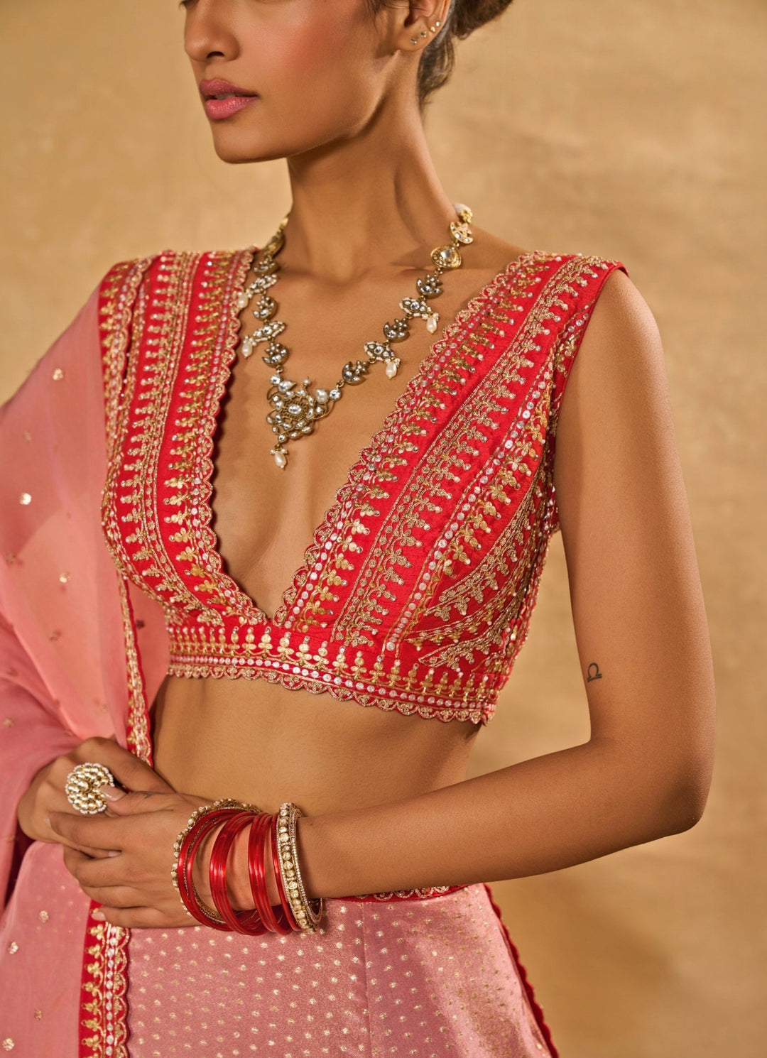 Lilac Pink And Red Tissue Jamewar Lehenga Chamee & Palak - Fabilicious Fashion