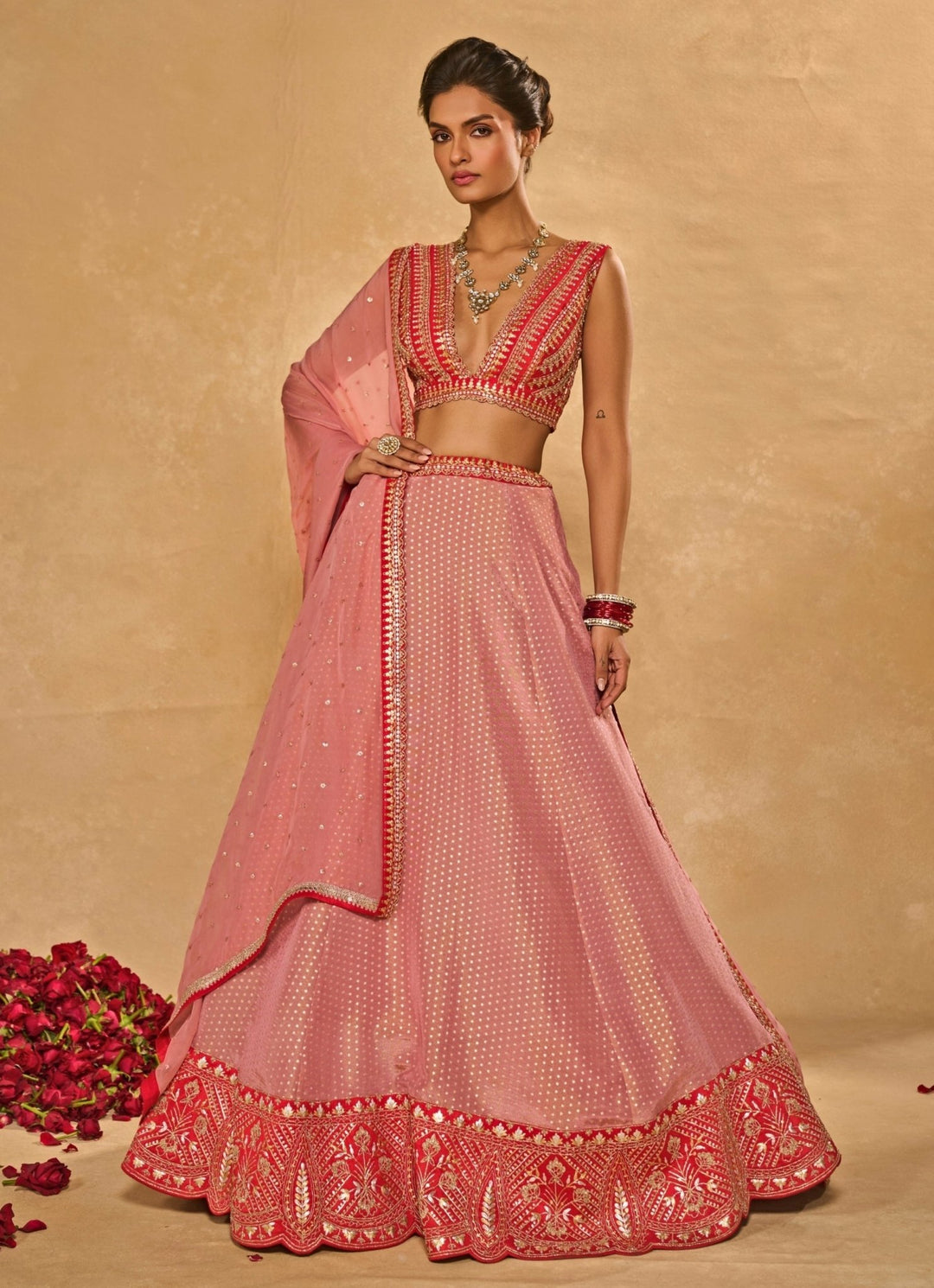 Lilac Pink And Red Tissue Jamewar Lehenga Chamee & Palak - Fabilicious Fashion