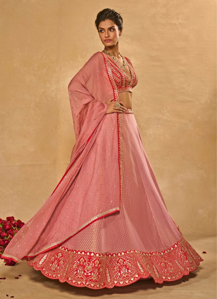 Lilac Pink And Red Tissue Jamewar Lehenga Chamee & Palak - Fabilicious Fashion
