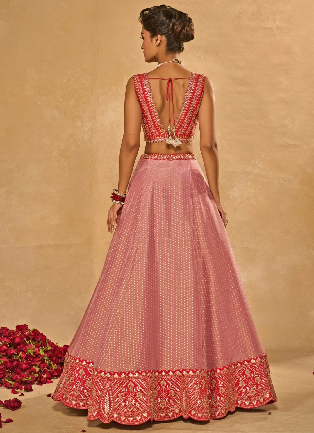 Lilac Pink And Red Tissue Jamewar Lehenga Chamee & Palak - Fabilicious Fashion