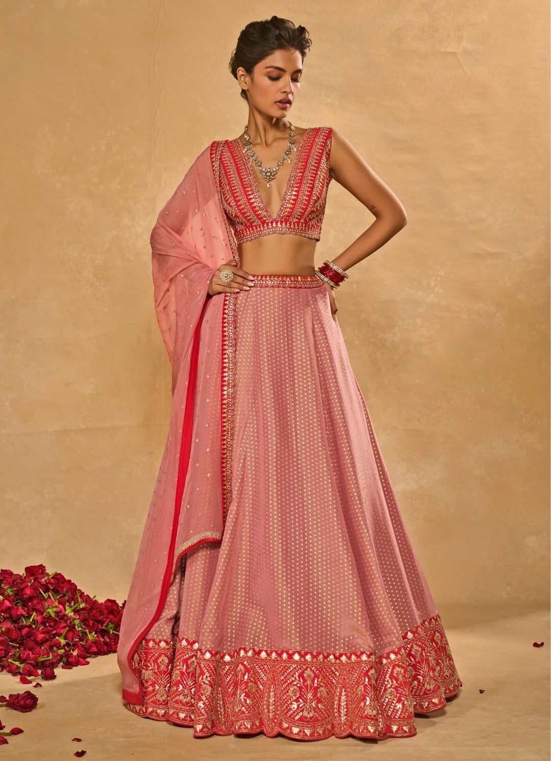 Lilac Pink And Red Tissue Jamewar Lehenga Chamee & Palak - Fabilicious Fashion