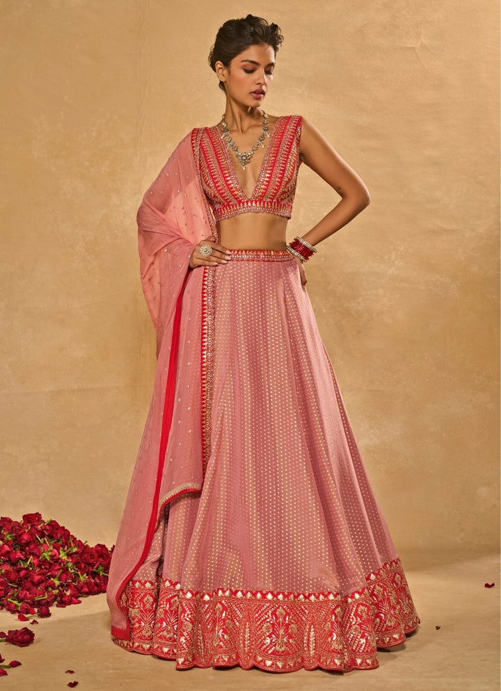 Lilac Pink And Red Tissue Jamewar Lehenga Chamee & Palak - Fabilicious Fashion