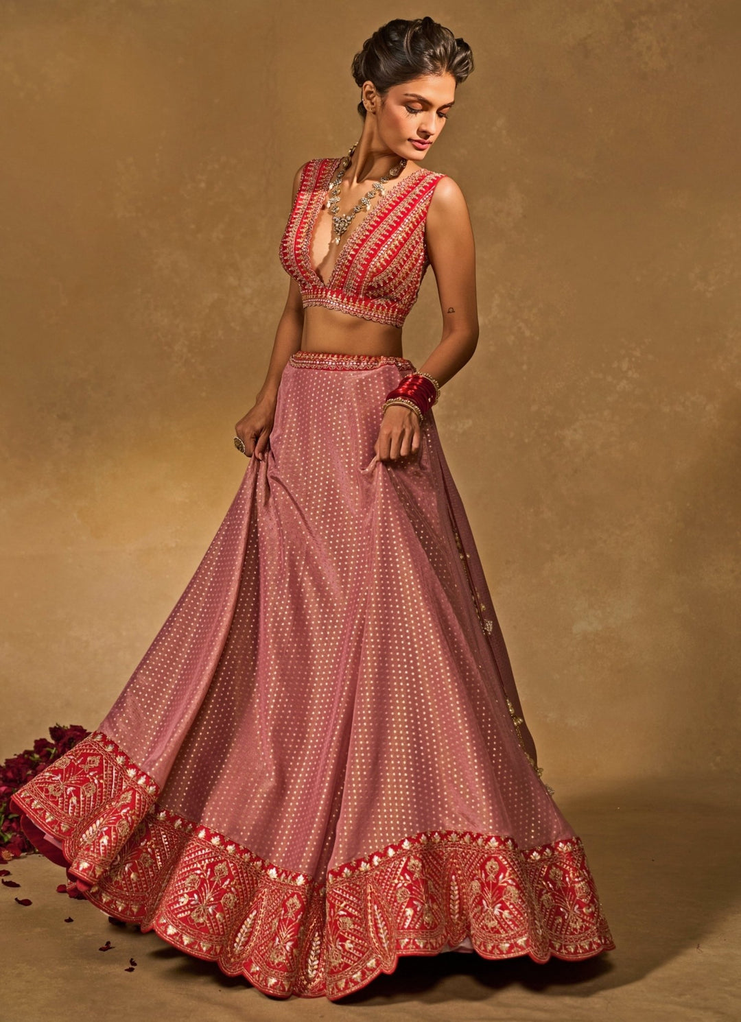 Lilac Pink And Red Tissue Jamewar Lehenga Chamee & Palak - Fabilicious Fashion