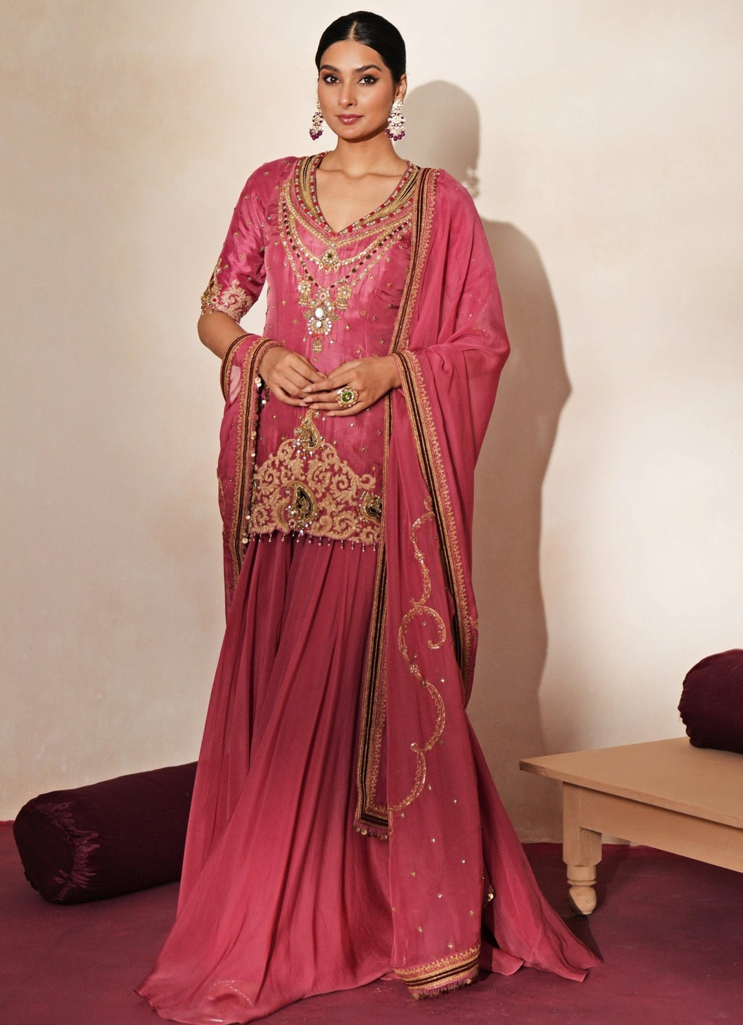 Lilac Pink Embroidered Organza Kurta Sharara Set Isha Gupta Tayal - Fabilicious Fashion