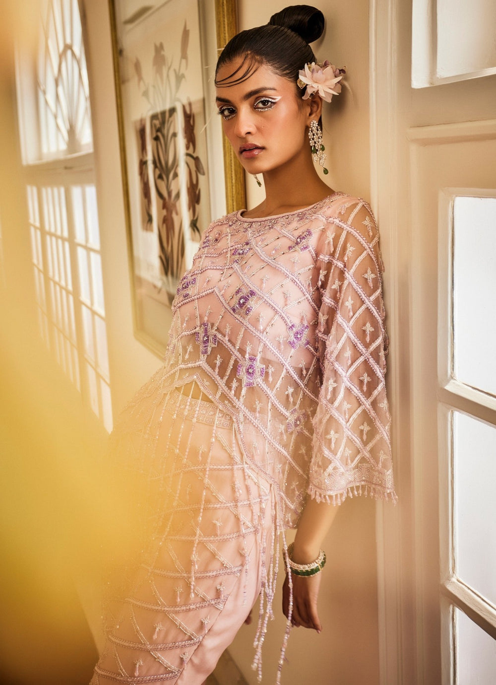 Lilac Pink Embroidered Pants Set With Cape Mani Bhatia - Fabilicious Fashion